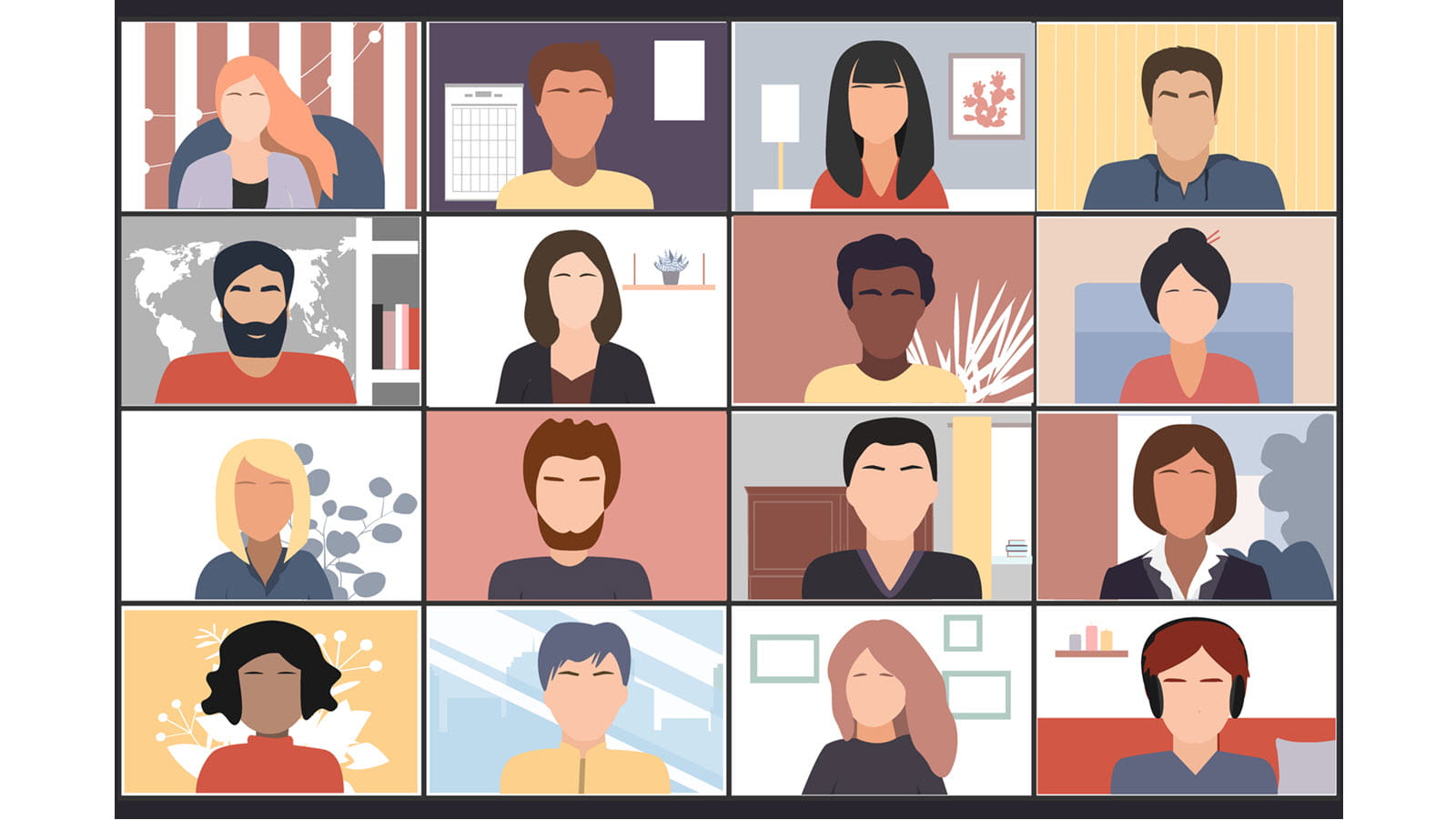 illustration of 16 people on a Zoom call