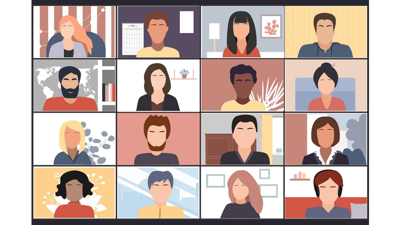 illustration of 16 people on a Zoom call